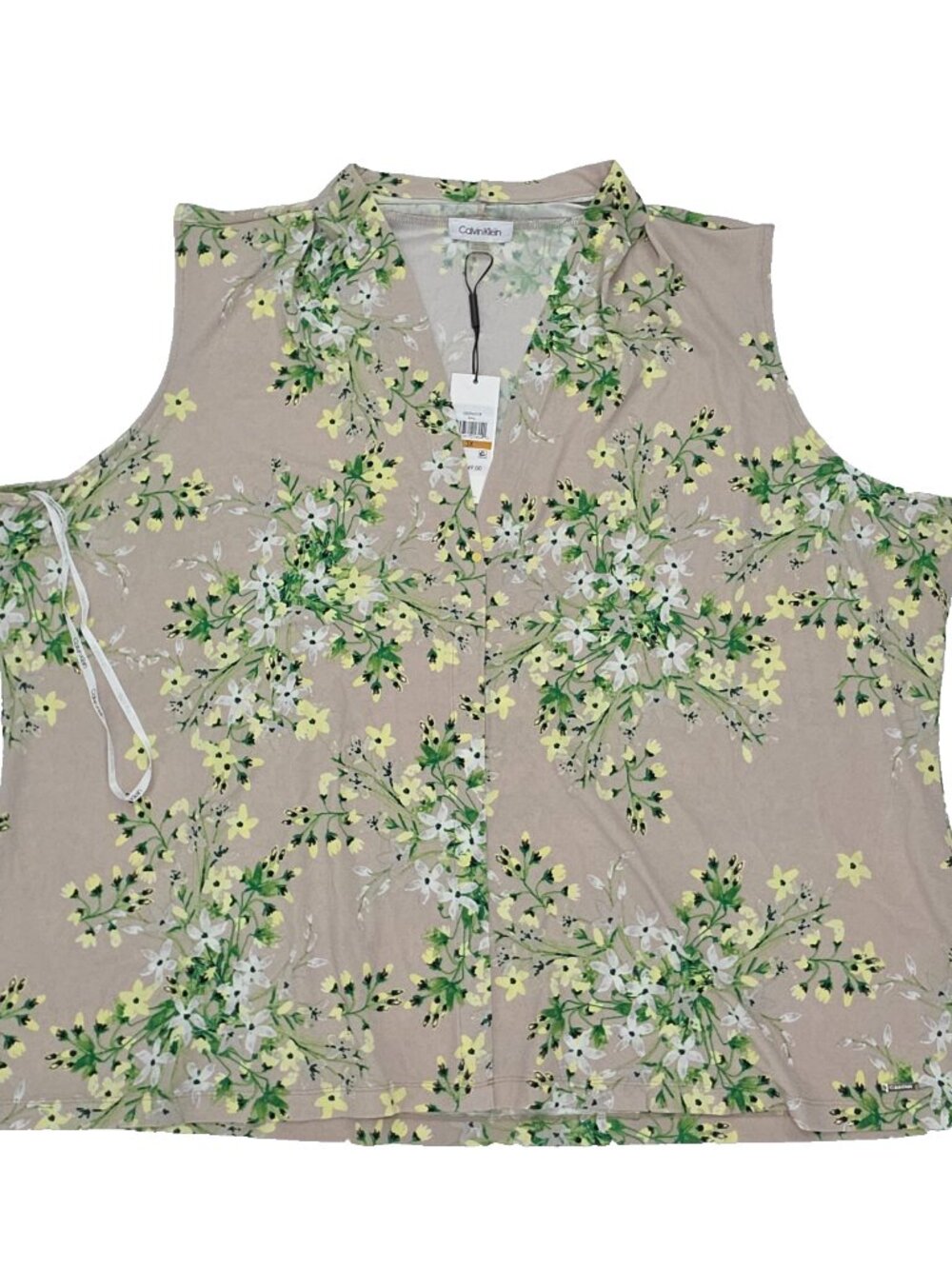 Calvin Klein Blouse Top 3X Beige Stretch Pullover V-neck Sleeveless Floral